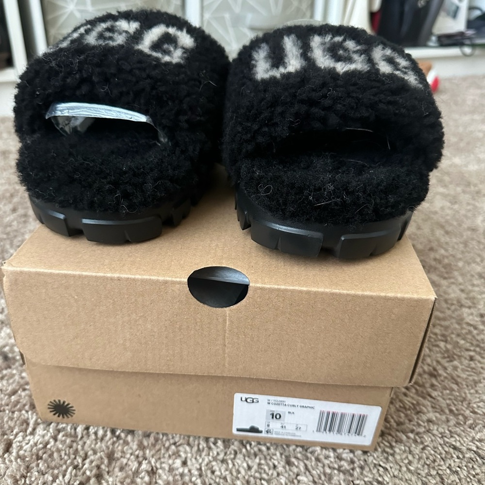 UGG Black Fluffy Slippers